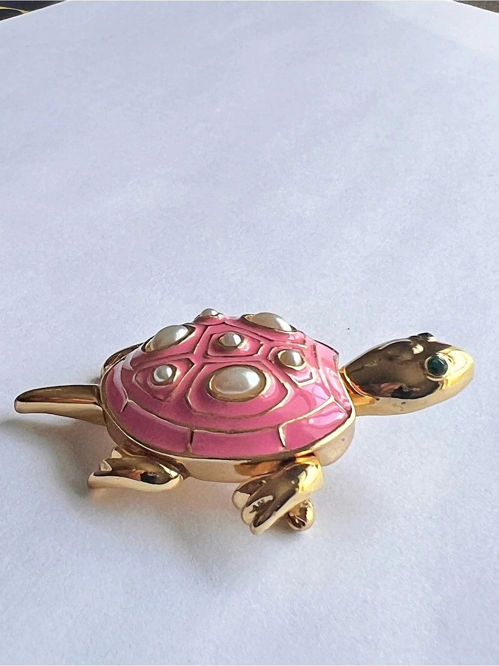 Geometric Enamel-Style Pink & Gold Turtle Brooch | pearl accents